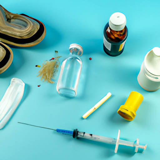 תמונה של מגוון כלים ותרופות רפואיות המשמשות בטיפול בכף רגל סוכרתית